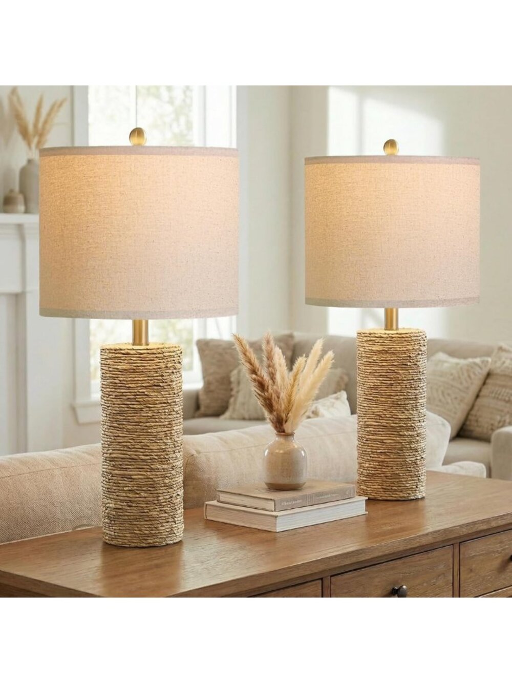 Set of 2 Boho Coastal Farmhouse Bedside Lamps, 25.5" Woven Rattan Nightstand